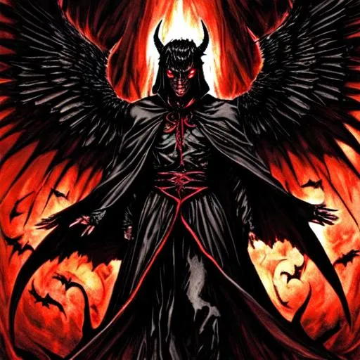 Prompt: Lucifer, evil, dark, powerful, fighting demons, demon realm, fallen angel,  dark, dark robes, shrouded in darkness, Devil