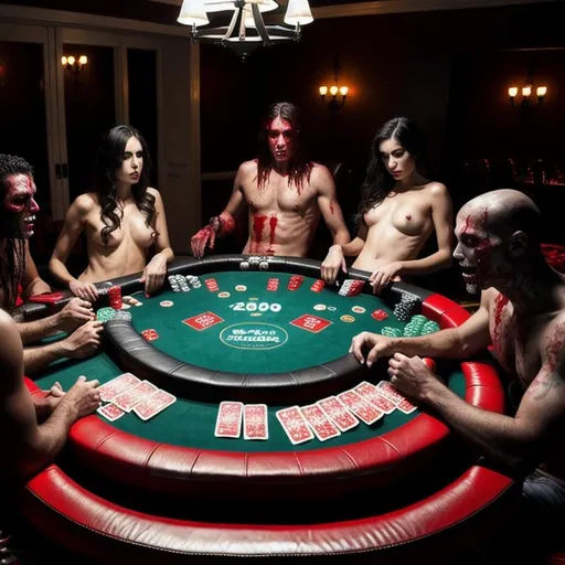 Prompt: bloody and gore shirtless Undead playing poker High quality, high resolution, amazing digital art of Zombies playing poker at a casino table