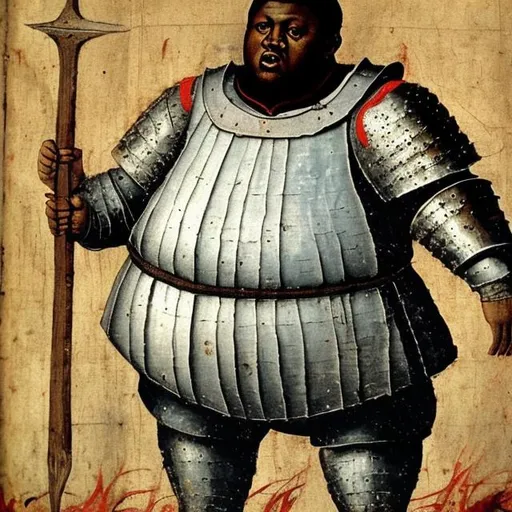 Prompt: Medieval painting of fat black man in knights armor