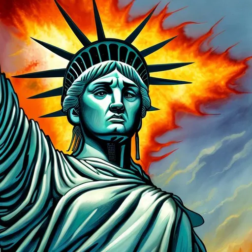 Prompt: Painting of Lady Liberty, exacting Justice on the oppressors, fire ridden landscape, determined expression