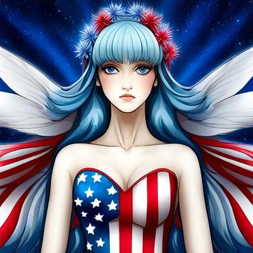 Prompt: fairy goddess of the 4th of July u,s, patriotic, dreamscape, vivid colors of red, fwhite and blue ,closeup