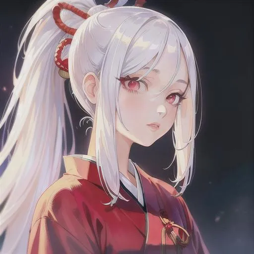 Prompt: (masterpiece, illustration, best quality:1.2), ponytail, white hair, angelic red eyes, Japanese style nightgown, best quality face, best quality, best quality skin, best quality eyes, best quality lips, ultra-detailed eyes, ultra-detailed hair, ultra-detailed, illustration, colorful, soft glow, 1 girl