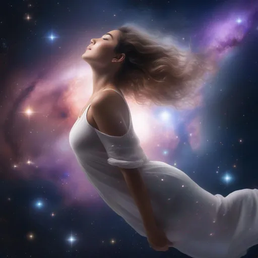 Prompt: hyper realistic,  highly detailed face and, hyper realistic, highly detailed full body image of a buxom woman, falling through space, galaxies, nebulas, stars