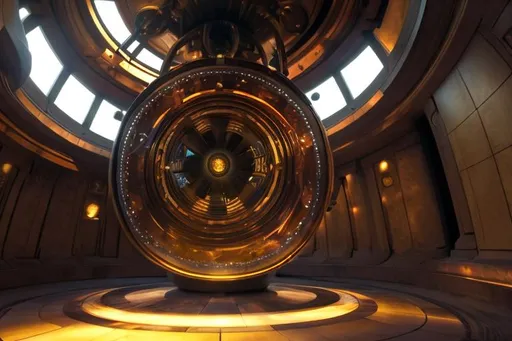 Prompt: circular horizontal lift in an enormous open chamber. dramatic lighting. crystal powered engine

