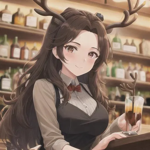 Prompt: A deer centaur woman with dark brown hair and antlers on her head working at a bar