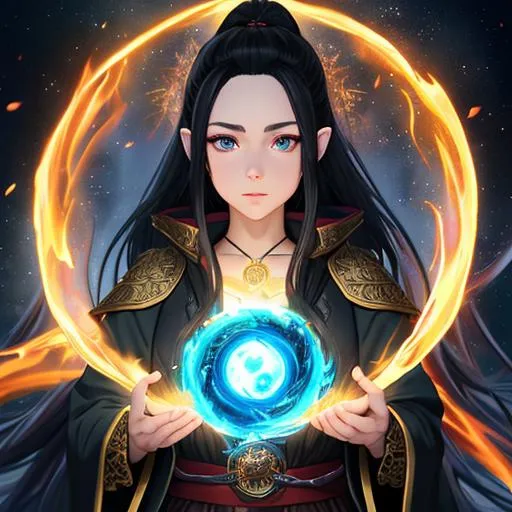 Prompt: "Full body, oil painting, fantasy, anime portrait of a young hobbit woman with flowing ash black hair in a ponytail and dark blue eyes | Elemental fire sorceress wearing intricate red wizard robes casting a flame spell, #3238, UHD, hd , 8k eyes, detailed face, big anime dreamy eyes, 8k eyes, intricate details, insanely detailed, masterpiece, cinematic lighting, 8k, complementary colors, golden ratio, octane render, volumetric lighting, unreal 5, artwork, concept art, cover, top model, light on hair colorful glamourous hyperdetailed medieval city background, intricate hyperdetailed breathtaking colorful glamorous scenic view landscape, ultra-fine details, hyper-focused, deep colors, dramatic lighting, ambient lighting god rays, flowers, garden | by sakimi chan, artgerm, wlop, pixiv, tumblr, instagram, deviantart