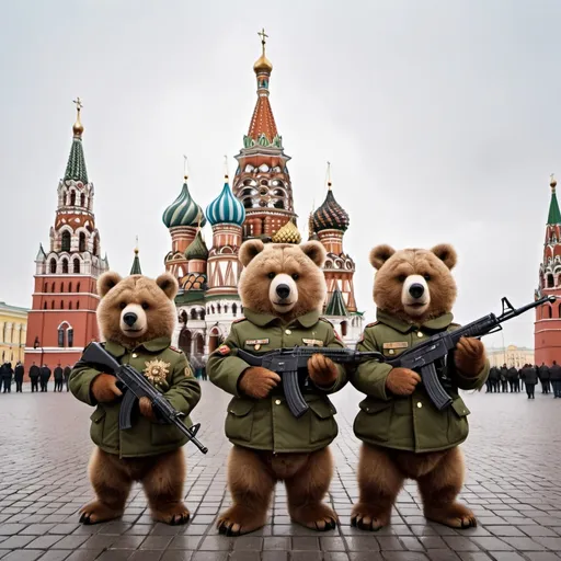 Prompt: two small cute and furry brown bears in russian military uniform with Ak47 rifles in hands, before Saint Basil's Cathedral with russian flag