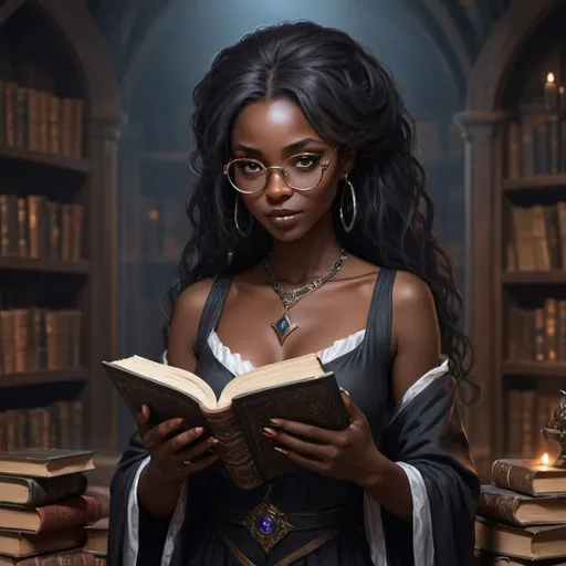 Prompt: Sorceress, black skin, intelligent, shy, decent beauty, glasses, full. Body, book in hand