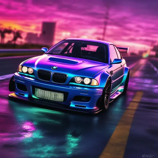 Prompt: 2001 BMW M3 E46 GTR, synthwave, aesthetic cyberpunk, miami, highway, dusk, neon lights, coastal highway, dusk, neon lights, coastal highway, sunset, drift, nurburgring, water on the road, blade runner, 64k, watercolor, macro sharp focus, 8, hyper realistic, cinematic, highly detailed, photoraelistic, clean, metallic, 3d, futuristic