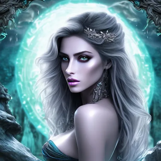 Prompt: HD 4k 3D 8k professional modeling photo hyper realistic beautiful evil demon woman ethereal greek goddess of impiety
 bright blue wet hair gray eyes gorgeous face pale skin scantily dressed crystal headpiece tattoos full body surrounded by magical glowing light hd landscape background dark cave of the underworld in a pool of water 