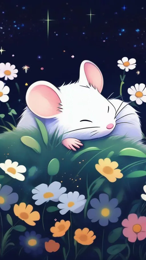 Prompt: cute anime illustration of a small mouse sleeping peacefully amid a field of flowers, showing whole body, head resting on paws, eyes closed, nighttime starry background, fantasy feeling