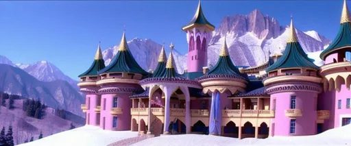 Prompt: Fantasy palace near mountains and steep slopes at noon, DVD Screengrab from 1999 live action movie