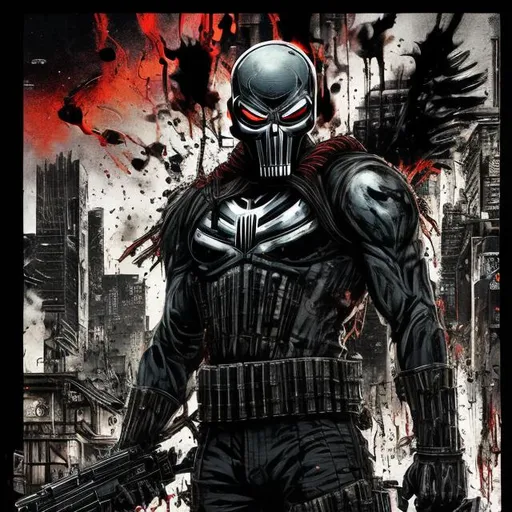 Prompt: Gritty Todd McFarlane style All Might punisher spawn, all black camo. Full body. Imperfect, Gritty, futuristic army-trained villain. full face mask. Bloody. Hurt. Damaged. Accurate. realistic. evil eyes. Slow exposure. Detailed. Dirty. Dark and gritty. Post-apocalyptic Neo Tokyo .Futuristic. Shadows. Sinister. Armed. Fanatic. Intense. 