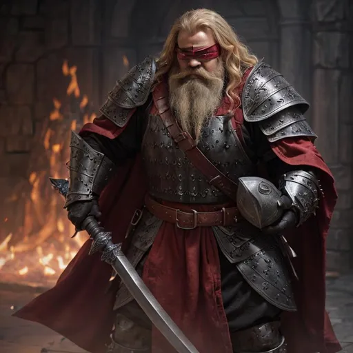 Prompt: a fantasy dwarf in full armor  Colors and shades of of Black silver Steel predominate. A red cloth blindfold covers his eyes, His armor is covered with a red tabard, a large powerful flanged mace is in his hand. blonde hair and beard, long red cloak, beautiful real color, sharp focus, studio shot, character portrait, fantasy concept art, masterpiece, expert, extreme details, 4k resolution, dynamic lighting, Splash art, trending on Artstation, Unreal Engine 5, by Greg Rutkowski and Jean-Baptiste Monge and Alphonse Mucha professional photograph perfect viewpoint, highly detailed, wide-angle lens, hyper realistic, with dramatic sky, polarizing filter, natural lighting, vivid colors, everything in sharp focus, HDR, UHD, 64K, digital painting