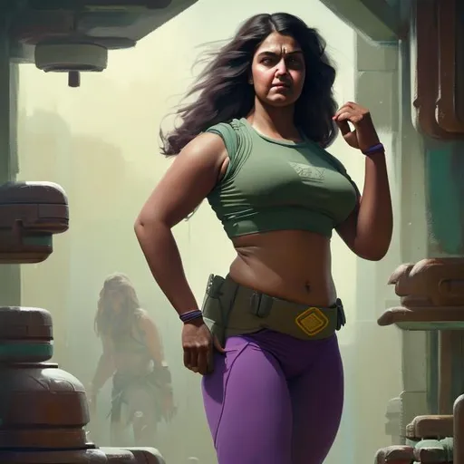 Prompt: Oil painting of a heavy woman with Indian features and dark hair tied back, pretty face with full figure, In futuristic storage bay, wearing futuristic dark green body protection vest over whole torso, no sleeves bare arms, purple shorts bare legs, perfect composition, hype realistic, super detailed, 8k, high quality, trending art, trending on artstation, sharp focus, studio photo, intricate details, highly detailed, by greg rutkowski