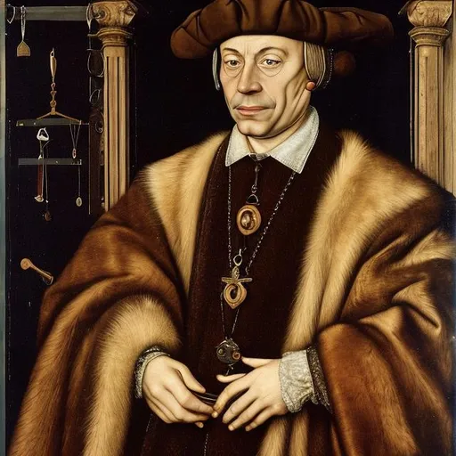 Prompt: The goldsmith Georg Juppe at the age of 40, painting around 1500, in the style of Hans Holbein