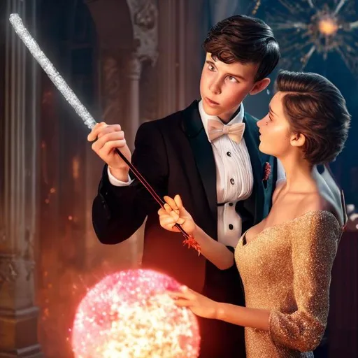 Prompt: Boy in a tuxedo casting a magic spell with his magic wand shaped like a stick about 6 inches long and standing next to his girlfriend who is in a big red puffy sparkly ball gown at prom