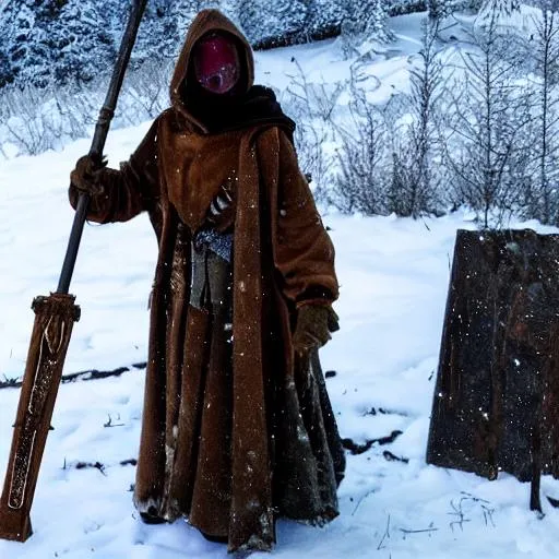 Prompt: A witch in a fantasy winter setting with goggles wearing a worn hooded long brown cloak, a quarterstaff and a small backpack with bedroll and other traveling equipment