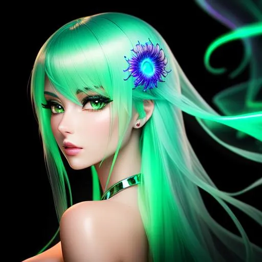 Prompt: {{{{highest quality stylized character masterpiece}}}} best award-winning digital oil painting with {{lifelike textures brush strokes}},
perfect upper body image of surrealistic provocative arousing seductive stunning beautiful feminine 22 year old anime like {{green bioluminescent jellyfish-woman}} with {{transparent gel like hair}} and {{beautiful green eyes}} wearing {{green slime}} with deep exposed visible cleavage and tight beautiful belly pooch floating underwater in hyperrealistic intricate perfect 128k UHD HDR,
wonderful extremely detailed cute face with romance glamour beauty soft skin and red blush cheeks and cute sadistic smile and {{seductive love gaze at camera}}, 
perfect anatomy in perfect colored shaded composition of professional sharp focus RAW photography with depth of field, 
cinematic volumetric dramatic 3d lighting, 
{{sexy}}, 
{{huge breast}}, 
physics-based rendering, 
masterpiece