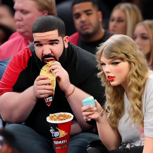 Prompt: fat taylor swift eating taco bell with drake