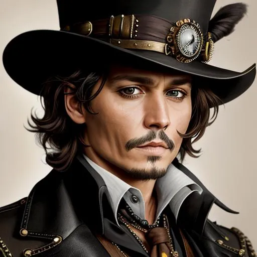 Prompt: Johnny Depp as a steampunk man dressed in black, tophat, closeup