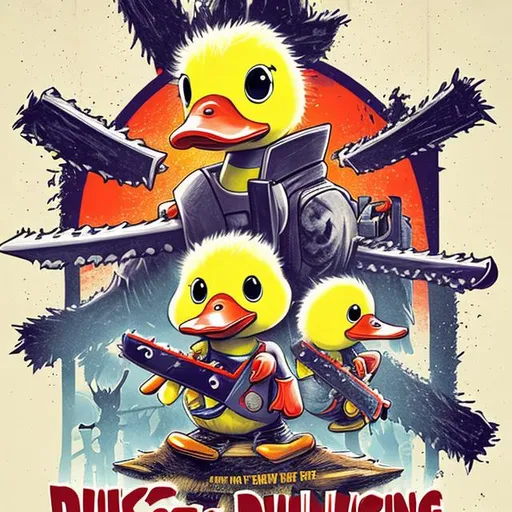 Prompt: cute duckling chainsaw poster movie poster
