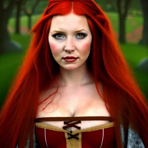 Prompt: A woman wearing a medieval dress, red hair, long hair, full face, realistic face, hyper detailed, background camp, realistic.