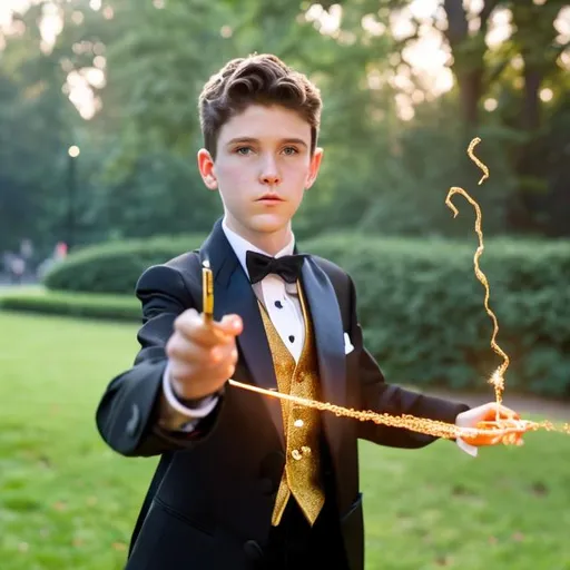 Prompt: 13 year old boy in a tuxedo casting a gold sparkling magic spell with his magic wand in the park
