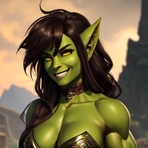 Prompt: oil painting, D&D fantasy, green-skinned-orc girl, green-skinned-female, tall, toned muscle, beautiful, short dark brown hair, wavy hair, smiling, pointed ears, fangs, looking at the viewer, barbarian wearing intricate adventurer outfit, #3238, UHD, hd , 8k eyes, detailed face, big anime dreamy eyes, 8k eyes, intricate details, insanely detailed, masterpiece, cinematic lighting, 8k, complementary colors, golden ratio, octane render, volumetric lighting, unreal 5, artwork, concept art, cover, top model, light on hair colorful glamourous hyperdetailed medieval city background, intricate hyperdetailed breathtaking colorful glamorous scenic view landscape, ultra-fine details, hyper-focused, deep colors, dramatic lighting, ambient lighting god rays, flowers, garden | by sakimi chan, artgerm, wlop, pixiv, tumblr, instagram, deviantart