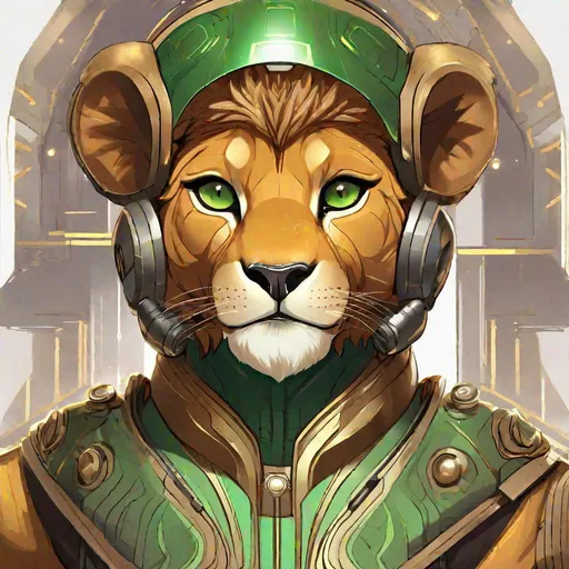 Prompt:  A young alien of a star wars lion race. Vaguely humanoid. He has shot brown fur and a golden brown skin. He wears a scifi suit and has green eyes. Detailed, well draw face, Smooth skin. rpg art. Star wars art. 2d art. 2d