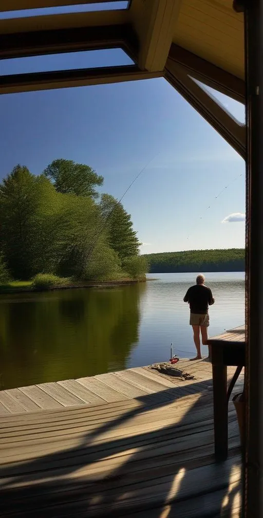 Prompt: Long shot, wide angle, 24mm lens, country guy fishing in his boxer briefs. It's a beautiful summer day at his lake house in the  northeastern United States. 
