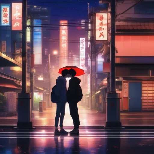 Prompt: Two young men kissing, in the middle of tokio, night colours, anime art, rosy cheeks, UHD wallpaper, 