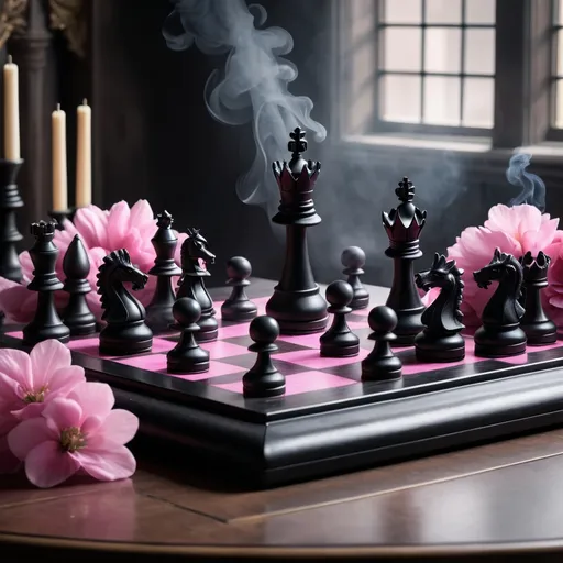 Prompt: a black chess set with pink flowers on a table next to it and smoke coming out of the top of the chess pieces, Anne Stokes, gothic art, crown, a still life