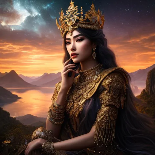 Prompt: create a photograph of beautiful fictional female with crown goddess, extremely, detailed environment, detailed background, beautiful night sky, intricate, detailed skin, natural colors , professionally color graded, photorealism, 8k, moody lighting


