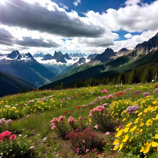 Prompt: nature, mountains, flowers view