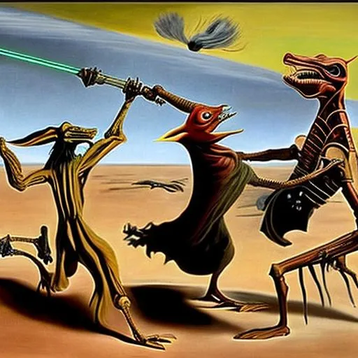 Prompt: jar jar binks in a light saber duel painted by salvador dali

