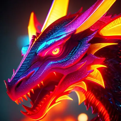 Portrait Of A Roaring Neon Dragon, Perfect Compositi 