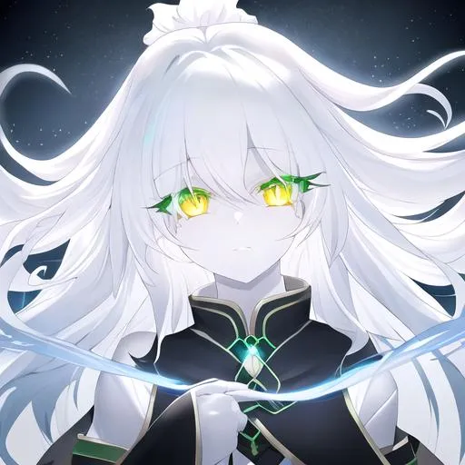Prompt: ghost (long white hair, slightly pale skin, glowing green eyes), UHD, 8K, highly detailed, insane detail

