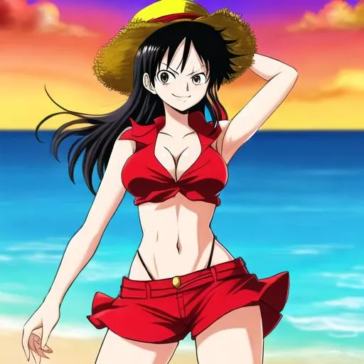 Prompt: Luffy From One Piece as A Bold Female