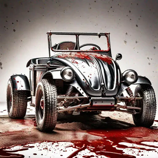 Prompt: adolf hitler driving a ww2 nazi offroad rally beetle buggy batmobile, blood and flesh splatter chrome body wrap, product studio shot, on a studio white background, diffused lighting, centered.