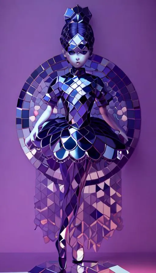 Prompt: beautiful ballerina, 3d, made entirely of mirror tiles art by Artgerm, gaudi,  Jeppe Hein and Yayoi Kusama. Best quality possible, clear resolution, cinematic quality. Light reflections.