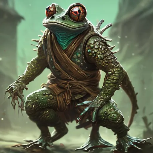 Prompt: Splash art of fantasy friendly frog creature ninja , with human features, wearing colortful clothing, very detailed, uhd, photorealistic