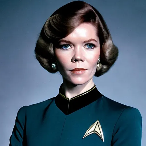 Prompt: A portrait of Diana Rigg, wearing a Starfleet uniform, in the style of "Star Trek the Next Generation."