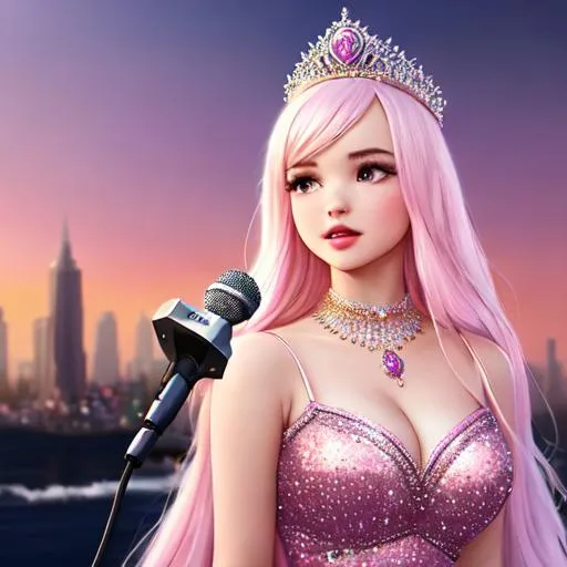 Prompt: Dove Cameron, Hyper realistic, detailed face, singing with mic, battlefield ethereal glittery pink lace royal princess two piece short dress, floating city in background, jewelry set, curly long black hair, stage with lights  in the background, royal vibe, highly detailed, digital painting, HD quality, pale skin, artgerm, by Ilya Kuvshinov 
