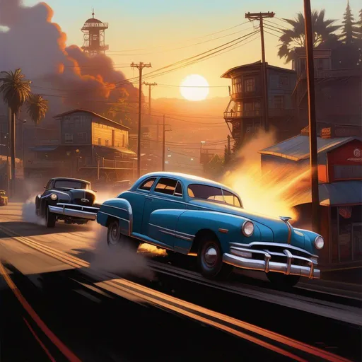 Prompt: Burnout Paradise, car chase, industrial area, cartoony, sunny atmosphere, extremely detailed painting by Greg Rutkowski and by Henry Justice Ford and by Steve Henderson