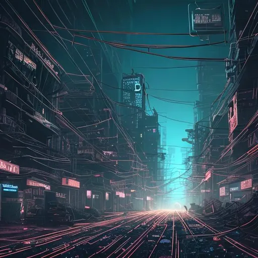 Prompt: Dystopian city, neon, dark, cramped, wires