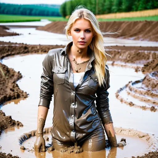 Prompt: young woman, blondie in mud pit fully clothed, clothes completely covered with mud