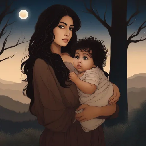 Prompt: highest quality anime art masterpiece, digital drawing, Azerbaijani woman with long black thick wavy messy hair:vistani, carrying a newborn baby boy in her arms, round face, broad cheeks, sad in a forest on a dark foggy night, big brown eyes, tanned skin:2, waxing moon, huge long wide broad hooked greek aquiline algerian oriental arabic nose, flat chest, ethereal, jewelry set, highres, realistic, highly detailed, fantasy, gypsy, roma, D&D, Ravenloft, by Ilya Kuvshinov