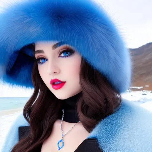 Prompt: Dove Cameron, Steel Bow, blue lipstick, snowy beach, blue heart necklaces, Thick blue fur coat, Black Cape, pleasant face, blue eyes, Black-purple eyeshadow, long ice earrings. Cold color scheme, ultradetailed, 8k resolution, perfect, smooth, high quality, shiny. 