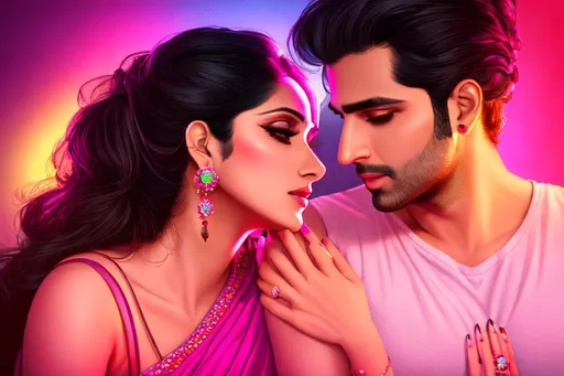 Prompt: Sridevi  listening to  her husbands heartbeat with ear on his chest.Perfect face and body. Highly detailed, semi realistic, dark lighting, neon colors, 8k resolution. 